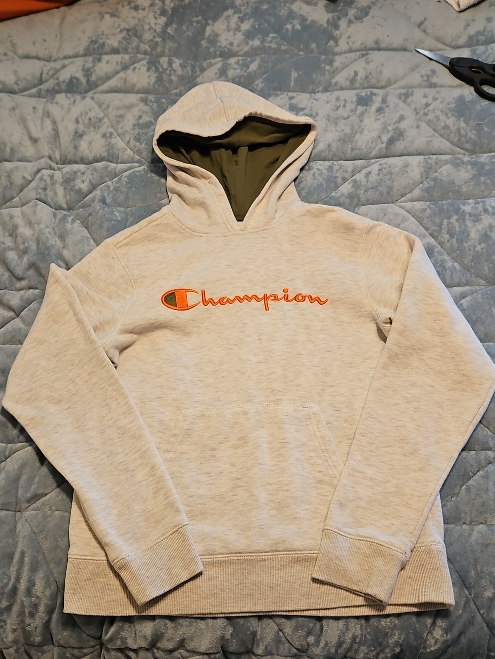 Champion Cream Crewneck Hoodie with Orange Logo